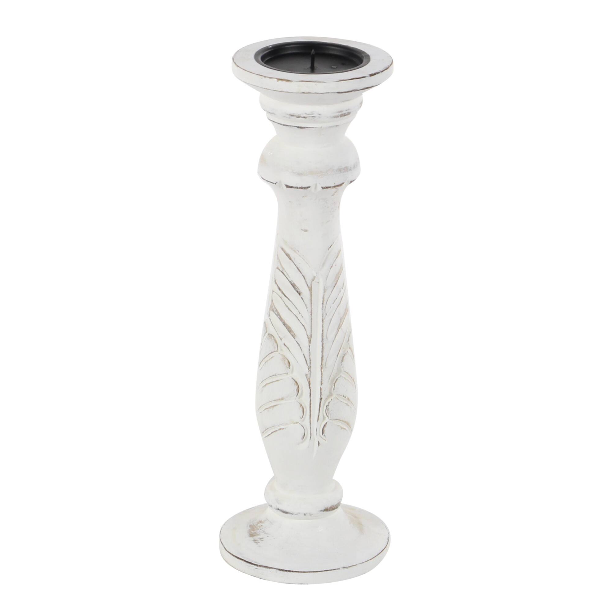 White Mango Wood Traditional Distressed Candle Holder Set